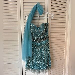 Stunning Jovani 1980s vintage beaded turquoise mini dress with tulle scarf